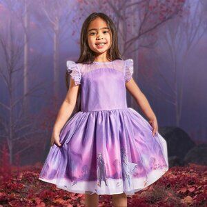 Disney Frozen 2 Dress Fit & Flare Else, Anna, Olaf Print Glitter Mesh Flutter